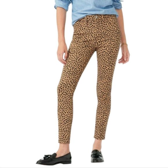 J CREW 9" High Rise Toothpick Jean Pants in Leopard Dot Tan Black - Picture 1 of 14